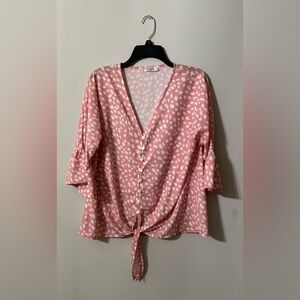 Large Pink & White print Women's button down Top 3/4 sleeve